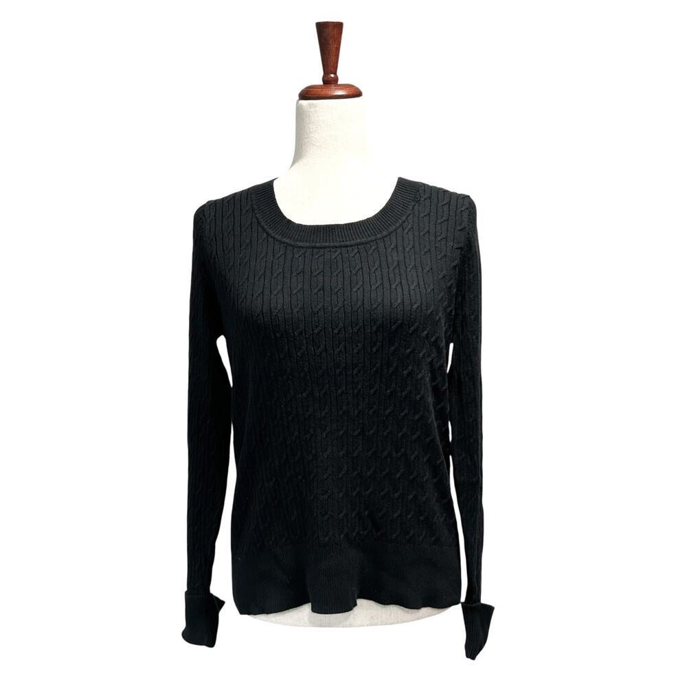 Talbots Sweater Size‎ Large Women's Black Pima Cotton Cable Knit Pullover Cuffed